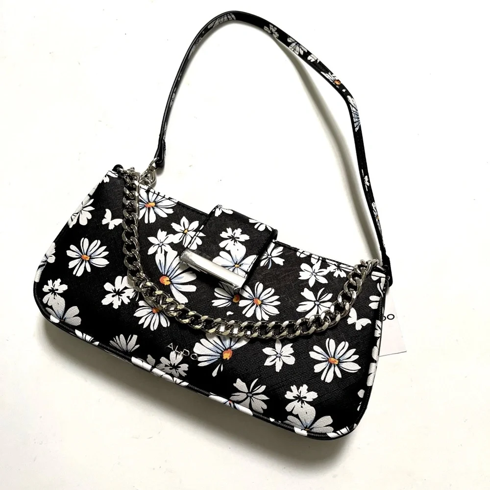 ALDO Daisy Floral Shoulder Bag Black White Chain Baguette Purse NWT